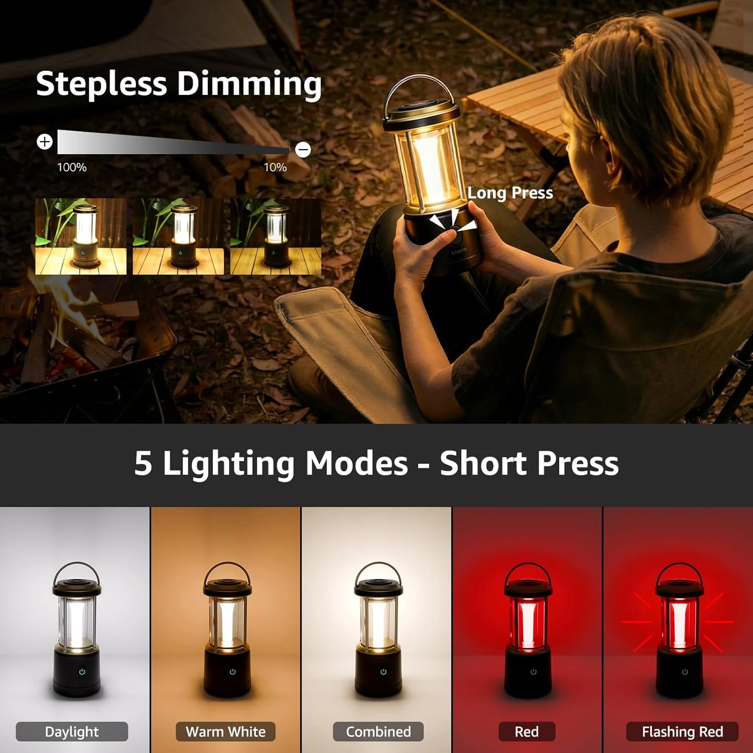 Lepro 1100LM Battery Powered LED Camping Lantern, Waterproof Tent Light with 5 Light Modes, Camping Essentials, Portable Lantern Flashlight for Camping, Emergency Light, Power Outage, Not Rechargeable - Image 2
