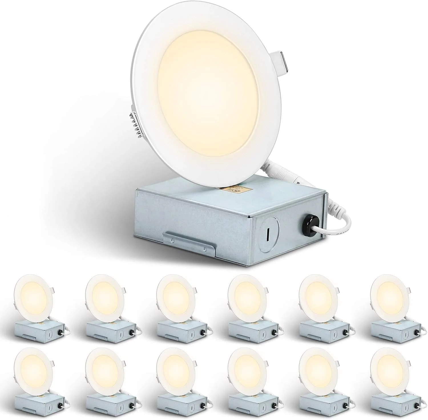 Lepro 12 Pack LED Recessed Lighting, 4 Inch Ultra-Thin Ceiling Light with Junction Box, Dimmable Retrofit Downlight, 11W 750LM 3000K Soft White Baffle Trim - UL FCC Energy Star Certified