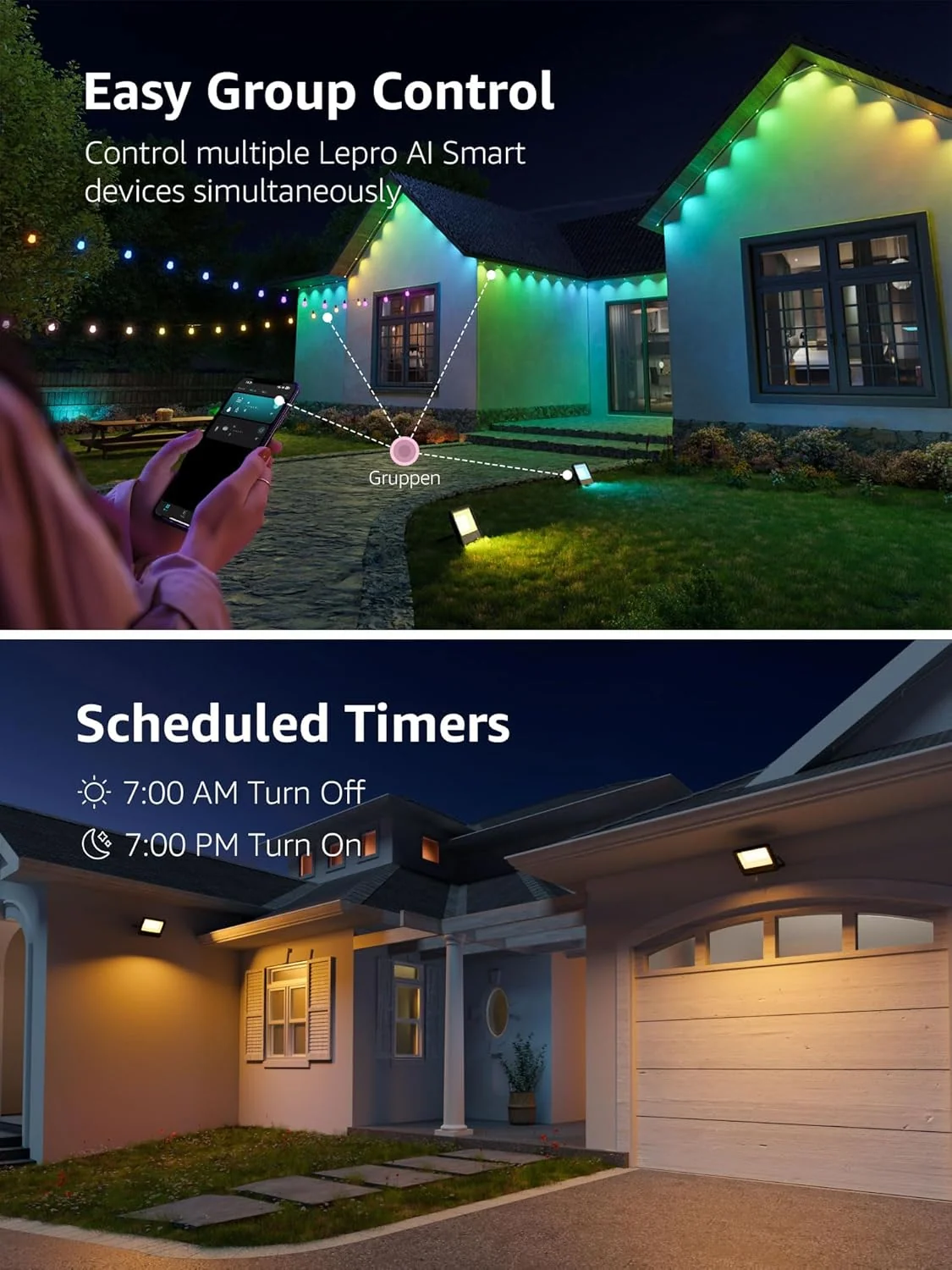 Lepro 30W Smart Flood Lights Outdoor, 2700LM RGBW Color Changing, IP65 Waterproof, 2700K Warm White & 16M Colors, App/Voice/Alexa/Google Home Control, US Plug - Image 6