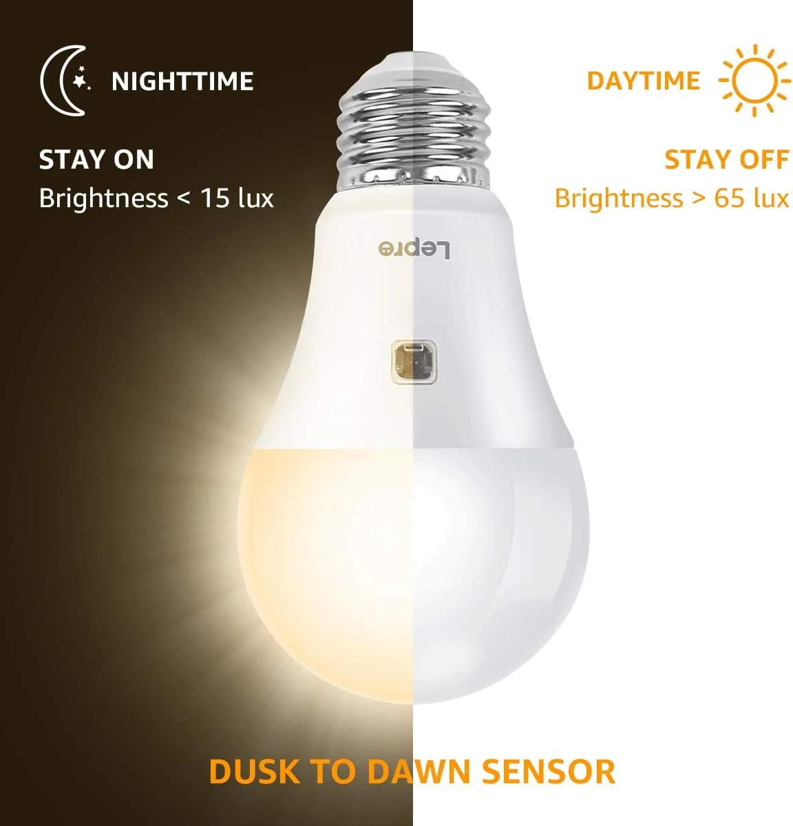 Lepro A19 Dusk to Dawn LED Light Bulb, E26 Base, 9W (60W Equivalent), 800 Lumens, 2700K Warm White, Non-Dimmable, Damp-Proof, 2-Pack - Image 2