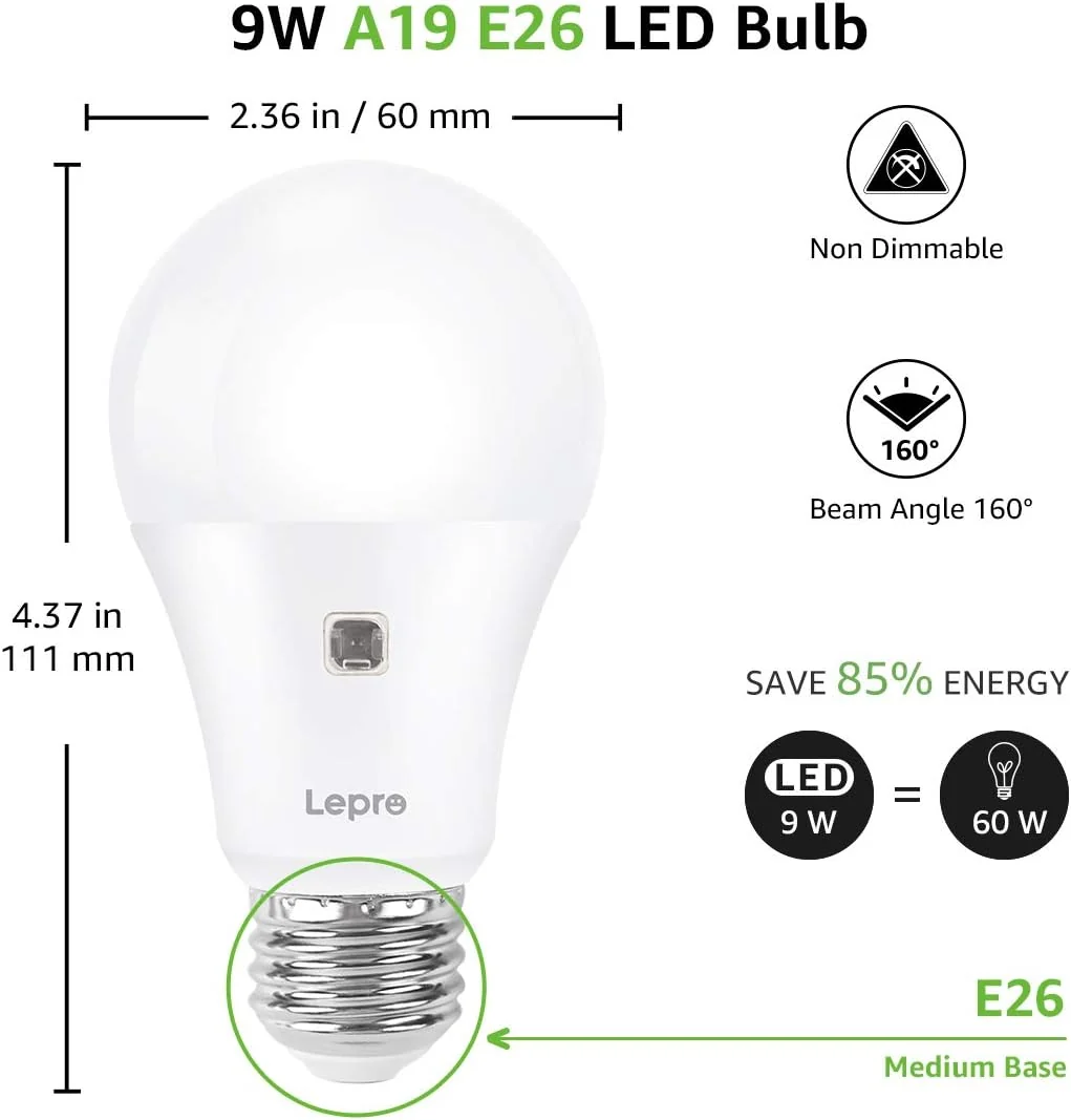 Lepro A19 Dusk to Dawn LED Light Bulb, E26 Base, 9W (60W Equivalent), 800 Lumens, 2700K Warm White, Non-Dimmable, Damp-Proof, 2-Pack - Image 7