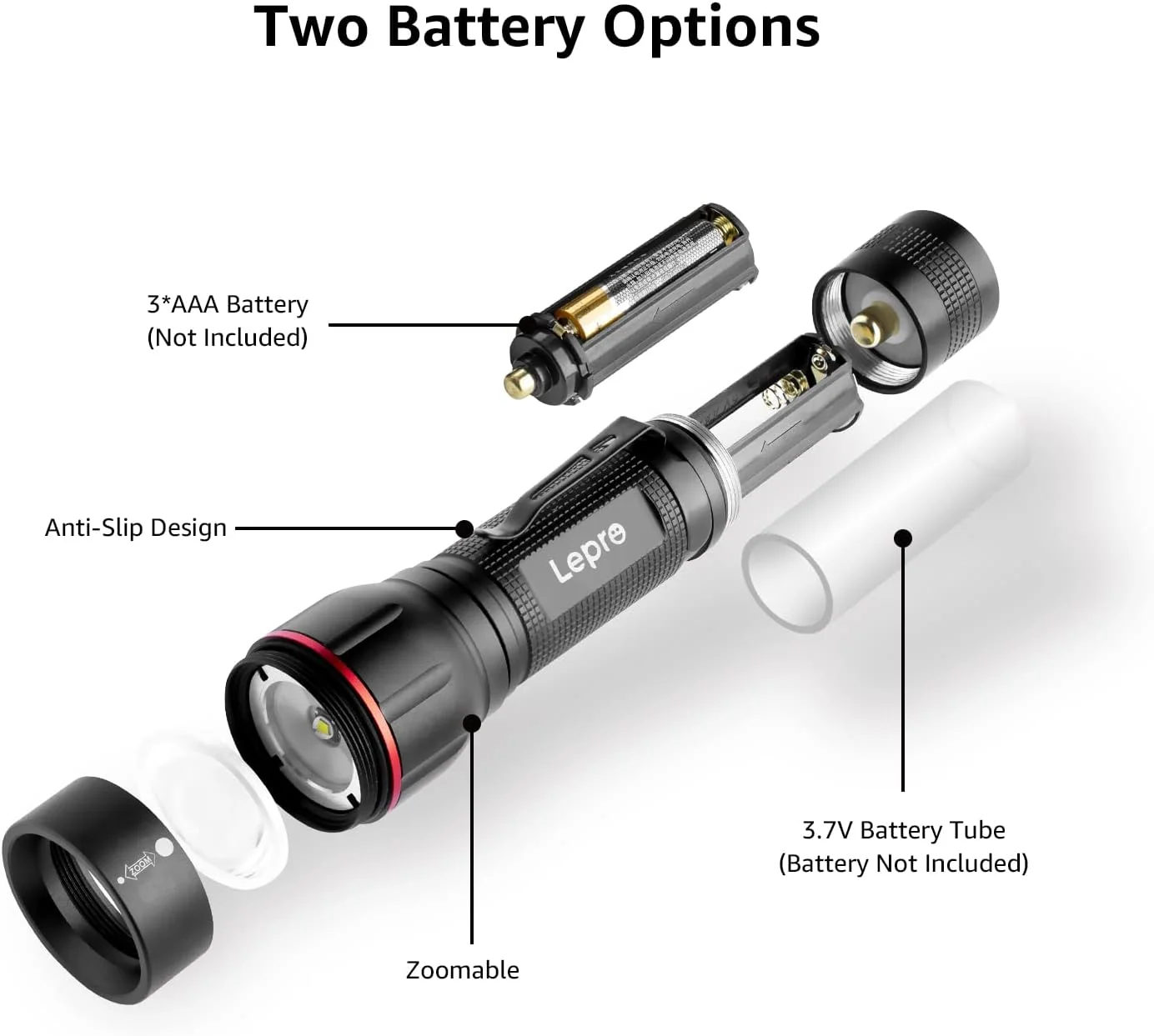 Lepro Dual-Fuel Tactical LED Flashlights 2 Pack, 300 Lumens Zoomable Torch with Clip - Image 3