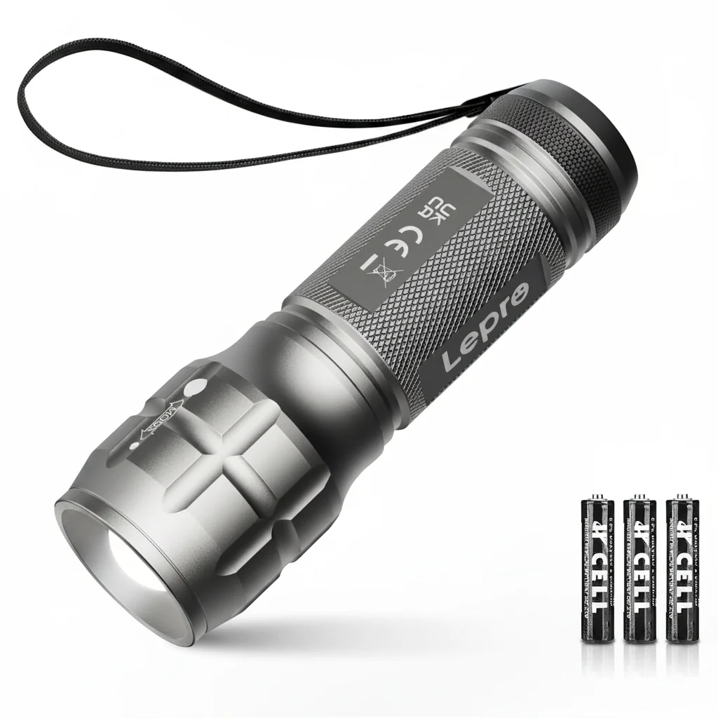 Lepro Portable LED Flashlight (Gray, High Lumens, Waterproof, AAA Batteries Included)